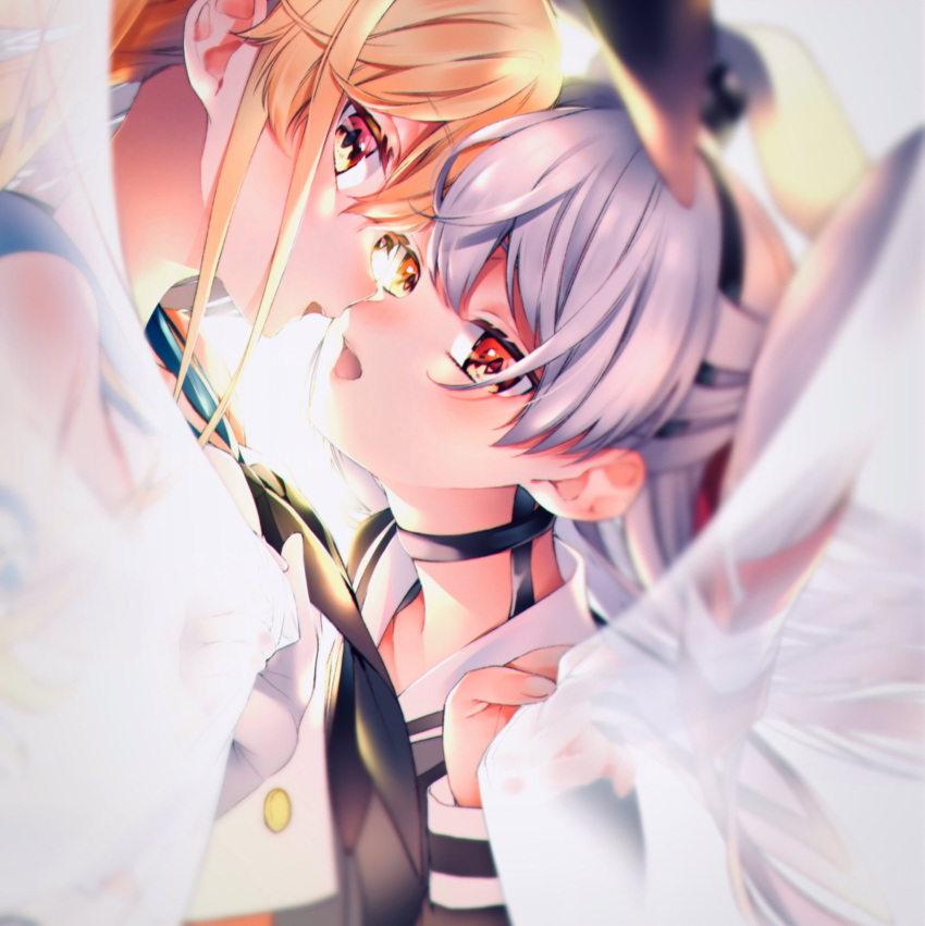 2girls amatsukaze_(kantai_collection) bangs blonde_hair blush dress elbow_gloves eyebrows_visible_through_hair gloves hair_ornament hair_tubes hat headband highres irokiiro kantai_collection long_hair long_sleeves mini_hat multiple_girls neckerchief open_mouth sailor_collar sailor_dress school_uniform serafuku shimakaze_(kantai_collection) silver_hair two_side_up upper_body white_gloves