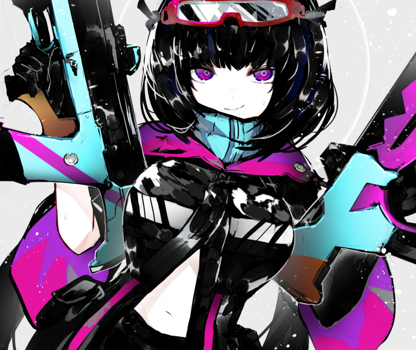 1girl assault_rifle black_hair black_jacket breasts closed_mouth commentary_request dual_wielding fate/grand_order fate_(series) gloves goggles goggles_on_head gun holding holding_gun holding_weapon jacket kusakanmuri looking_at_viewer navel osakabe-hime_(fate/grand_order) pale_skin pouch rifle scarf short_hair solo sweatdrop trigger_discipline upper_body violet_eyes weapon