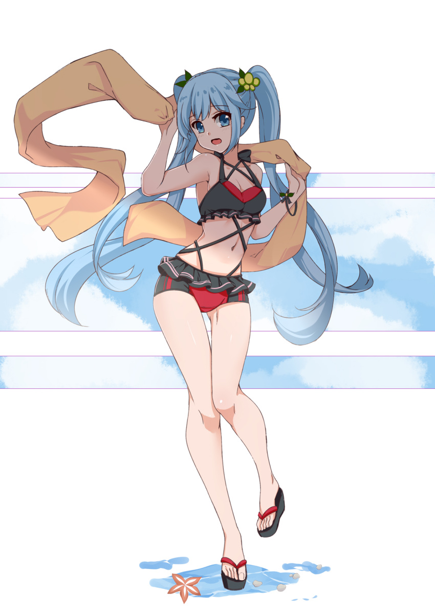 1girl bikini blue_eyes blue_hair eyebrows_visible_through_hair full_body hatsune_miku highres long_hair navel open_mouth qingye_ling sandals scarf sidelocks solo swimsuit thigh_gap twintails very_long_hair vocaloid