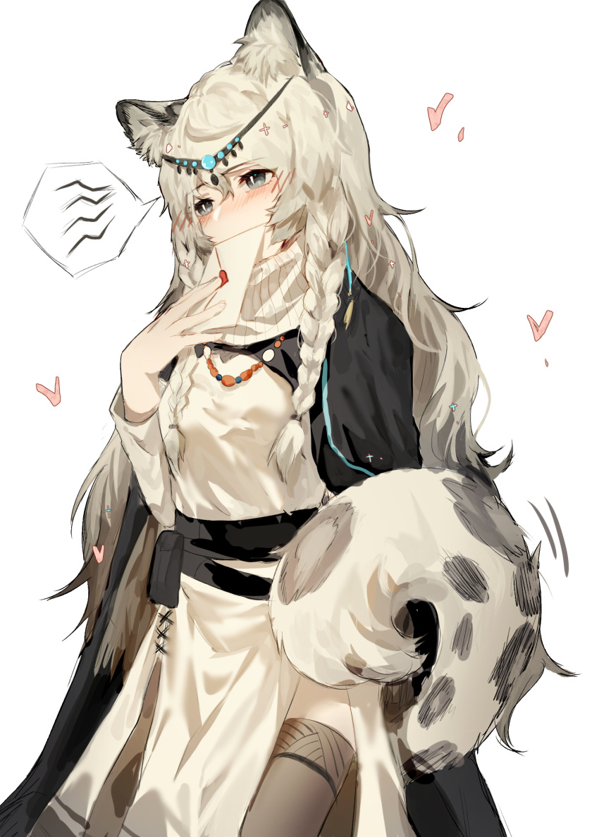 1girl animal_ear_fluff animal_ears arknights bangs blush bokuken braid circlet envelope grey_eyes hair_between_eyes heart highres jewelry leopard_ears leopard_tail long_hair long_sleeves looking_at_viewer necklace pouch pramanix_(arknights) side_braids sketch solo speech_bubble standing tail thigh-highs turtleneck very_long_hair white_hair