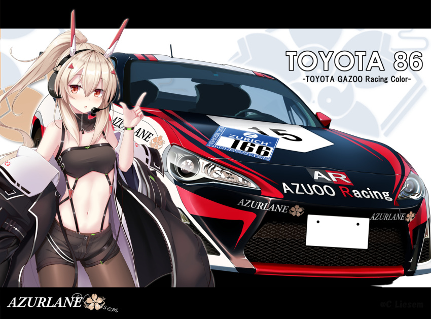 1girl ayanami_(azur_lane) ayanami_(rock'n_kijin)_(azur_lane) azur_lane bandeau bare_shoulders black_coat black_shorts breasts brown_hair brown_legwear car coat commentary_request copyright_name cowboy_shot ground_vehicle hair_ornament headgear headphones index_finger_raised letterboxed long_hair long_sleeves looking_at_viewer midriff motor_vehicle navel off_shoulder open_clothes open_coat open_fly pantyhose parted_lips ponytail red_eyes risemu_(c_liesem) short_shorts shorts small_breasts solo standing toyota_86