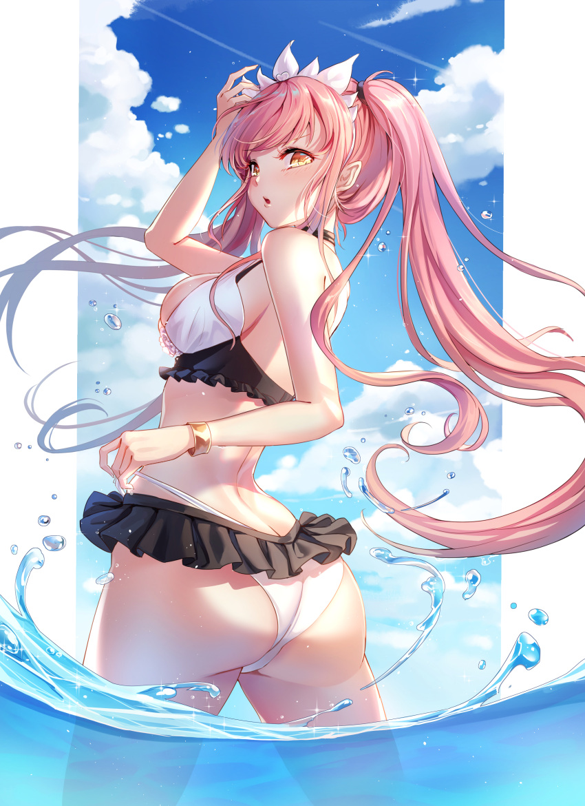 1girl absurdres ass bangs bare_shoulders bikini blue_sky blush breasts clouds day fate/grand_order fate_(series) floating_hair from_behind highres lalazyt long_hair looking_at_viewer looking_back medb_(fate)_(all) medb_(swimsuit_saber)_(fate) medium_breasts open_mouth outdoors pink_hair sky solo swimsuit tiara twintails very_long_hair wading white_bikini yellow_eyes