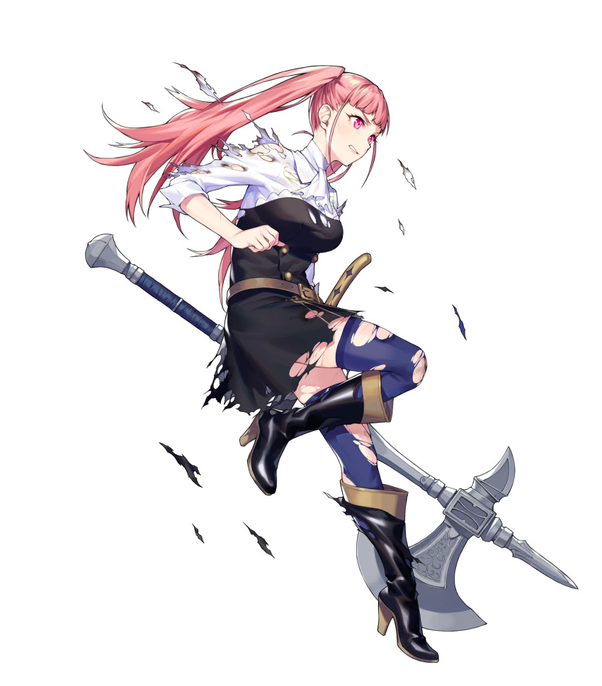 1girl bangs belt blue_legwear boots dress fire_emblem fire_emblem:_three_houses fire_emblem_heroes full_body highres hilda_valentine_goneril knee_boots long_hair official_art pink_hair shiny shiny_hair short_dress sleeves_rolled_up solo sword thigh-highs transparent_background twintails weapon zettai_ryouiki