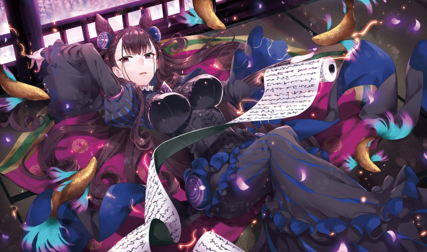 1girl bangs black_dress blush breasts brown_hair commentary_request double_bun dress eyebrows_visible_through_hair fate/grand_order fate_(series) frills gabiran hair_between_eyes hair_ornament indoors large_breasts long_hair long_sleeves looking_at_viewer lying magic murasaki_shikibu_(fate) on_back parted_lips puffy_sleeves scroll sleeves_past_wrists solo two_side_up very_long_hair violet_eyes