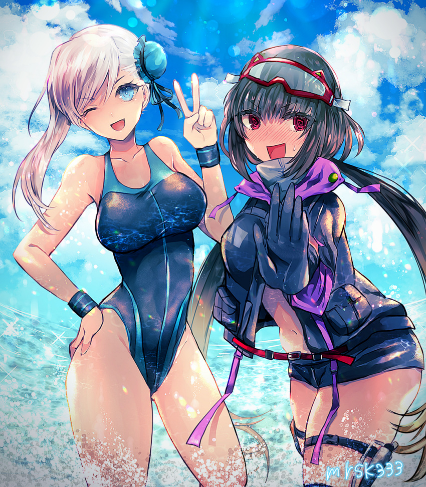2girls black_gloves black_hair black_jacket black_shorts black_swimsuit blue_eyes blue_sky blush clouds commentary_request cowboy_shot day earrings fate/grand_order fate_(series) gloves hair_bun hair_ornament highres jacket jewelry long_hair looking_at_viewer miyamoto_musashi_(fate/grand_order) multiple_girls navel one_eye_closed osakabe-hime_(fate/grand_order) pink_hair red_eyes shorts side_ponytail ski_goggles sky swimsuit twintails very_long_hair yokaranu_yuuna
