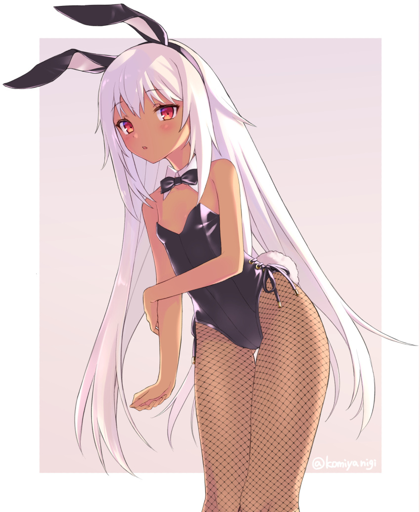 1girl animal_ears black_leotard black_neckwear border bow bowtie bunny_girl bunny_tail bunnysuit cowboy_shot dark_skin detached_collar fishnet_pantyhose fishnets flat_chest grey_background highres komiya_nigi leaning_forward leotard original pantyhose rabbit_ears red_eyes solo standing strapless strapless_leotard tail two-tone_background white_border white_hair