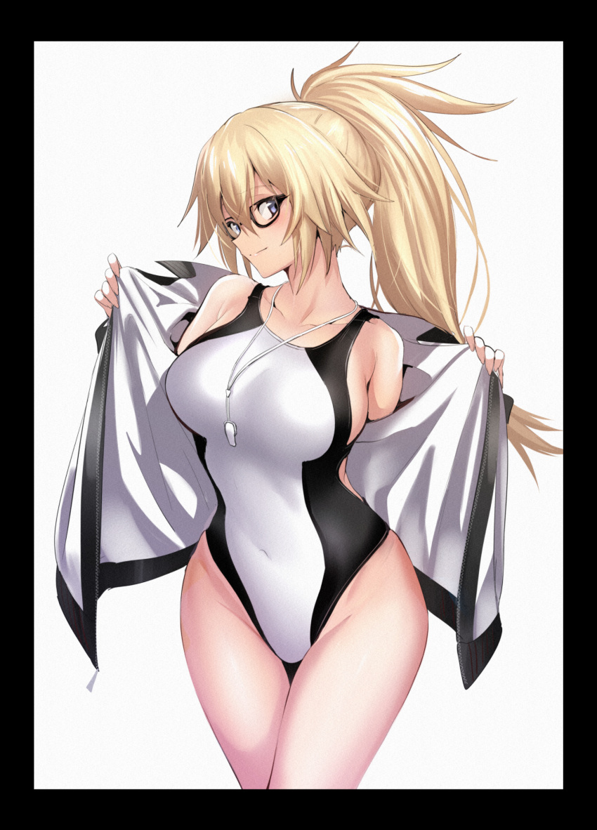 1girl absurdres bangs bare_shoulders black-framed_eyewear black_border blonde_hair blue_eyes border breasts collarbone competition_swimsuit covered_navel fate/grand_order fate_(series) glasses hair_between_eyes highres hip_focus jacket jeanne_d'arc_(fate)_(all) jeanne_d'arc_(swimsuit_archer) large_breasts long_hair looking_at_viewer looking_to_the_side one-piece_swimsuit open_clothes open_jacket simple_background smile solo swimsuit thighs ulrich_(tagaragakuin) whistle white_background white_jacket white_swimsuit zipper
