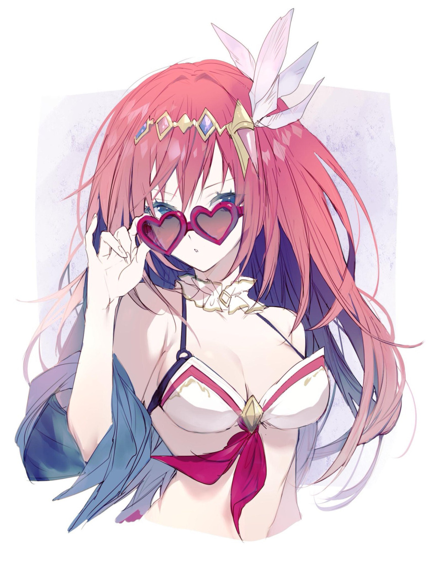 1girl bikini blue_eyes blush breasts glasses godguard_brodia granblue_fantasy hair_between_eyes hair_ornament highres jacket large_breasts long_hair looking_at_viewer navel redhead rilmok solo sunglasses swimsuit very_long_hair