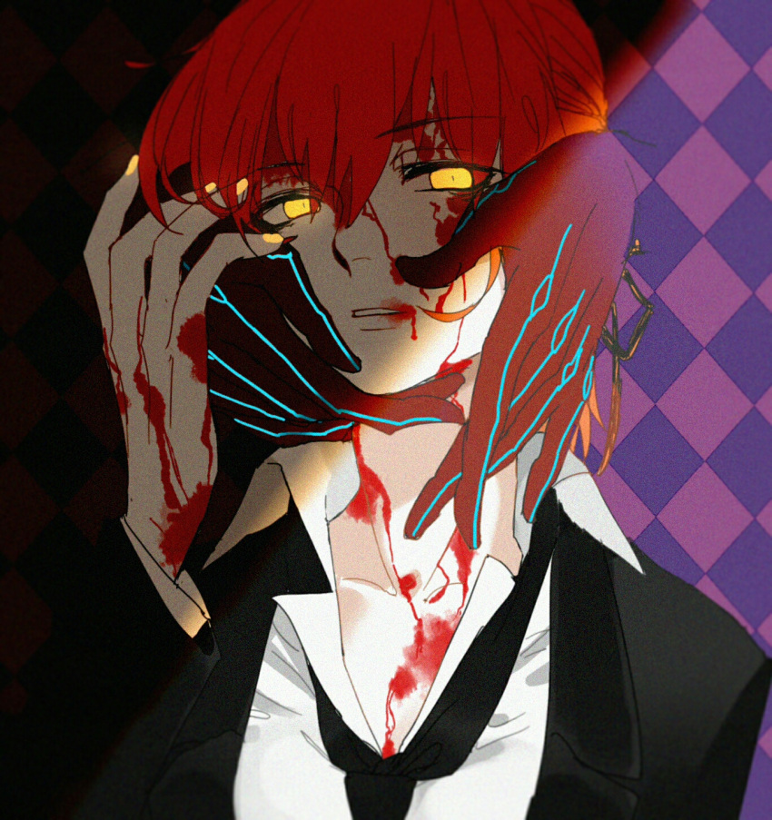 1boy 1girl aki_integra alternate_costume bangs blood blood_on_face blood_splatter blouse breasts caress collarbone collared_shirt eyebrows_visible_through_hair fate/grand_order fate_(series) fujimaru_ritsuka_(female) gloves glowing glowing_eyes glowing_nails hair_ornament hair_scrunchie hands_on_another's_face highres jacket lips mephistopheles_(fate/grand_order) necktie one_side_up orange_hair scrunchie serious shirt side_ponytail teeth yellow_eyes yellow_nails