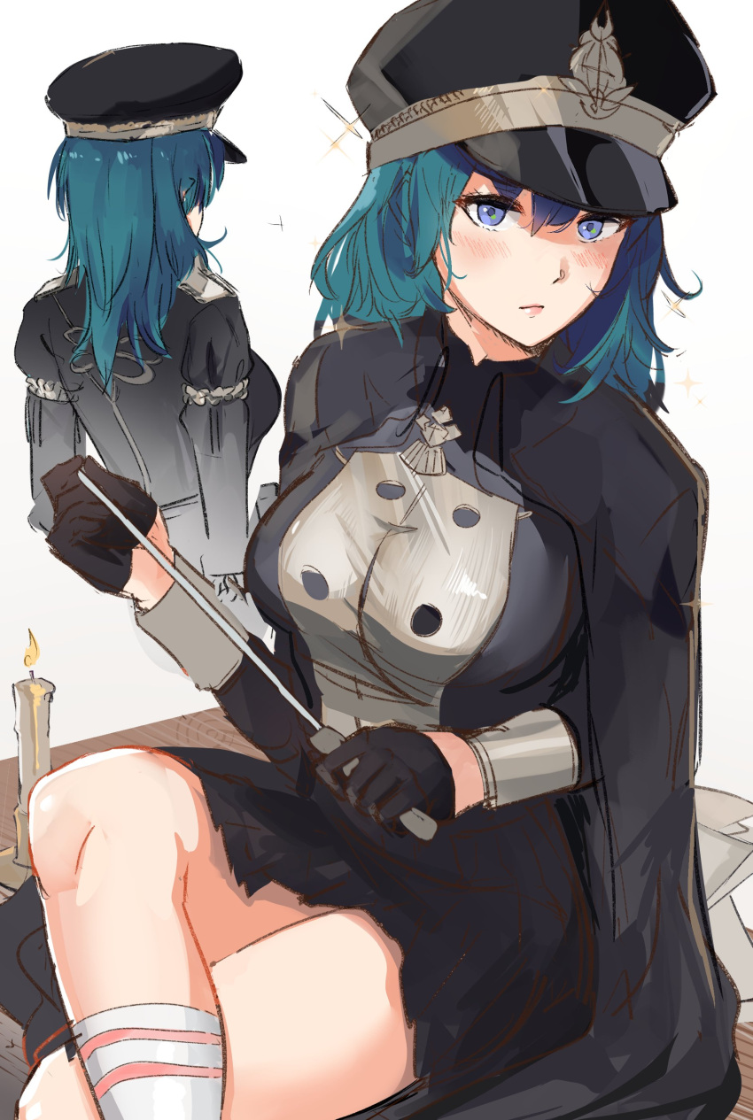 1girl absurdres blue_eyes blue_hair blush byleth_(fire_emblem) byleth_eisner_(female) fire_emblem fire_emblem:_three_houses hair_ornament hat highres long_hair looking_at_viewer ormille short_hair simple_background solo thigh-highs uniform white_background