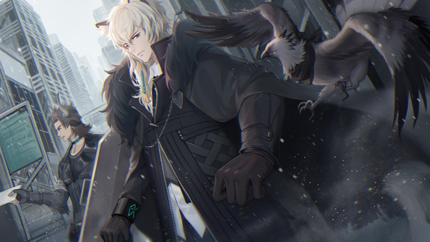 2boys absurdres animal_ears arknights backlighting bird black_gloves black_jacket building clenched_hand collar cow_ears fur_trim gloves highres horns huge_filesize jacket long_hair long_sleeves male_focus matterhorn_(arknights) multiple_boys outdoors pos2457564744 silverash_(arknights) skyscraper snowing standing