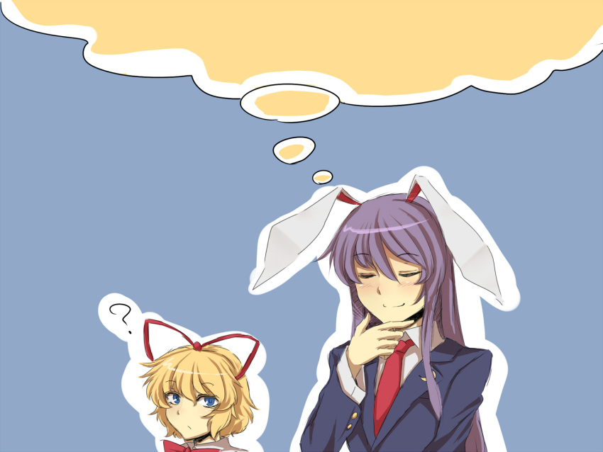 2girls ? animal_ears bangs blazer blonde_hair blouse blue_eyes blush bow buttons collared_blouse commentary_request crescent crescent_moon_pin doll doll_joints frilled_shirt_collar frills highres jacket long_hair long_sleeves medicine_melancholy moon_rabbit multiple_girls necktie nicutoka purple_hair rabbit_ears red_bow red_neckwear reisen_udongein_inaba thinking touhou very_long_hair white_blouse