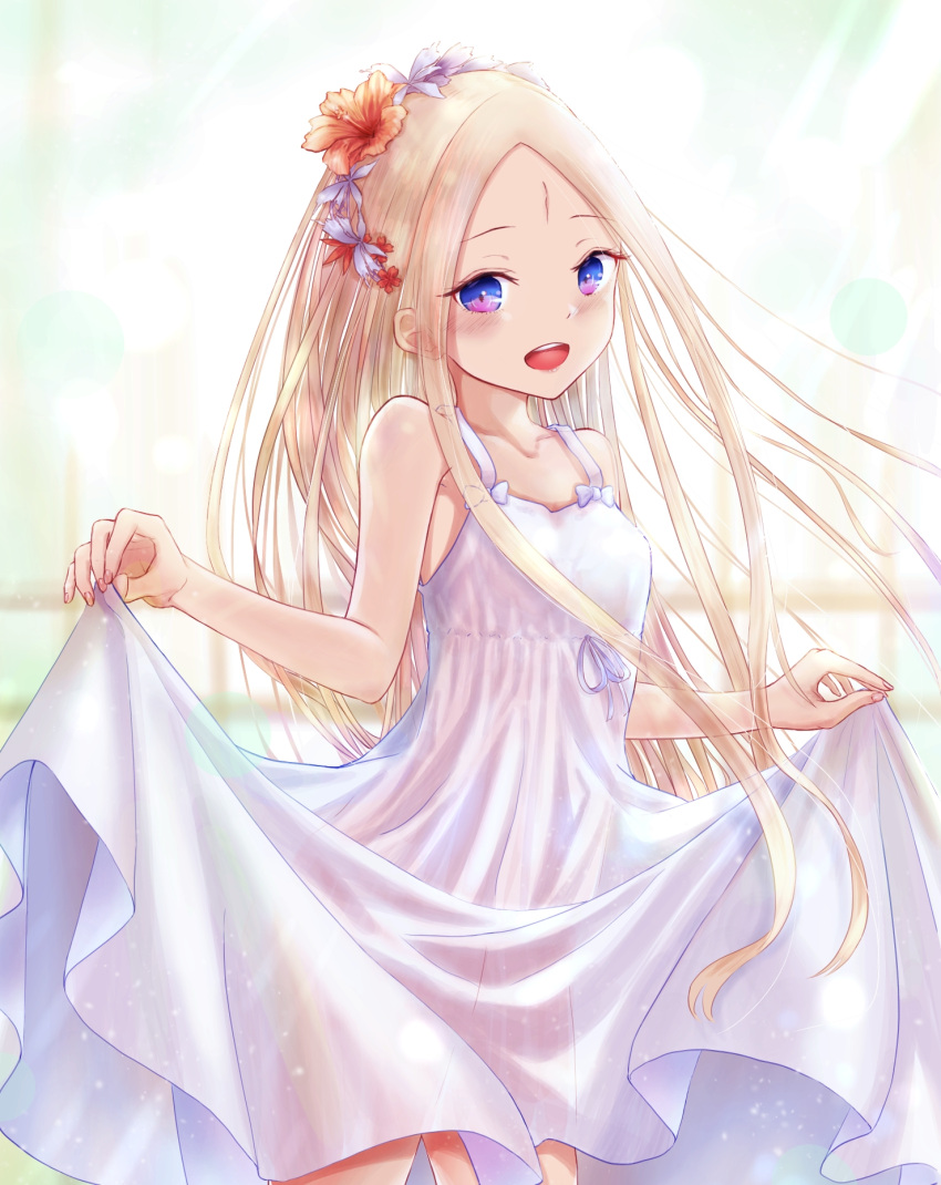 1girl :d abigail_williams_(fate/grand_order) bangs bare_shoulders blonde_hair blue_eyes blush breasts collarbone curtsey dress fate/grand_order fate_(series) flower forehead hair_flower hair_ornament head_wreath highres long_hair looking_at_viewer open_mouth parted_bangs sanka_tan small_breasts smile solo sunlight thighs upper_teeth white_dress