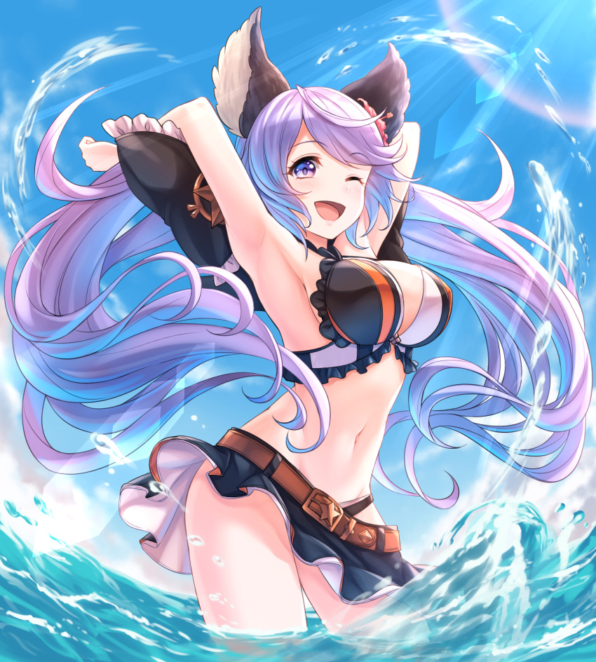 1girl ;d animal_ears arms_up bangs bikini black_bikini black_bow blue_sky blush bow breasts clouds commentary_request contrapposto day eyebrows_visible_through_hair frilled_bow frills granblue_fantasy groin hair_bow highres large_breasts long_hair looking_at_viewer low_twintails navel one_eye_closed open_mouth outdoors purple_hair satyr_(granblue_fantasy) sky smile solo standing swimsuit tomo_(user_hes4085) twintails very_long_hair violet_eyes wading water