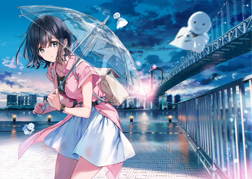 1girl after_rain bag black_hair black_shirt blue_sky blurry blurry_background bridge cityscape clouds cloudy_sky commentary cowboy_shot depth_of_field grey_eyes highres holding holding_umbrella jacket leaning_forward looking_at_viewer miniskirt ocean original outdoors pink_jacket see-through shirt short_hair short_sleeves shoulder_bag skirt sky sun_flare sunset teruterubouzu thighs tiv umbrella white_skirt