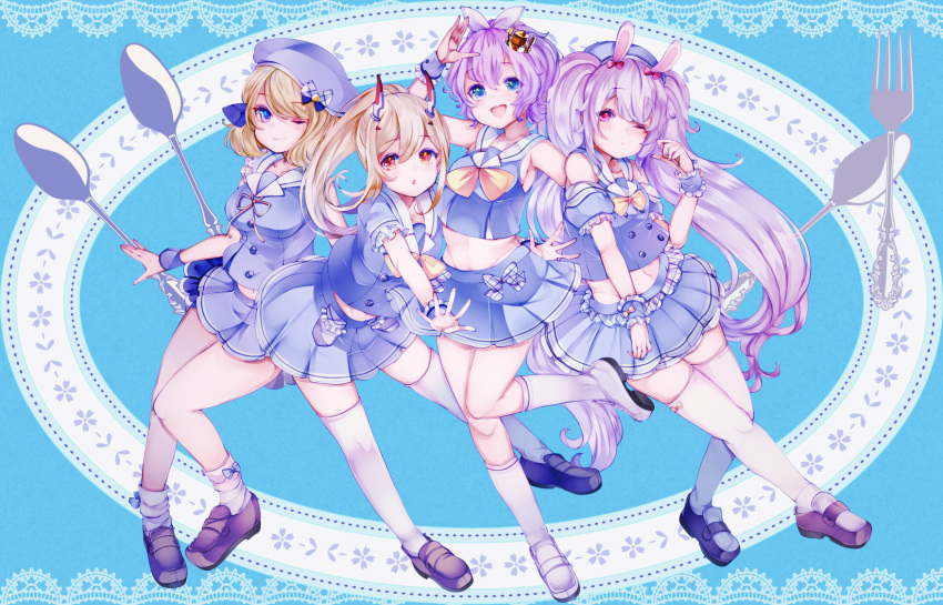 4girls animal_ears ayanami_(azur_lane) azur_lane bangs bare_shoulders beret blonde_hair blue_dress blue_eyes blue_skirt breasts brown_footwear closed_mouth commentary_request crown detached_sleeves double-breasted dress eyebrows_visible_through_hair fork full_body hair_between_eyes hair_ribbon hat highres javelin_(azur_lane) laffey_(azur_lane) loafers long_hair looking_at_viewer medium_breasts midriff_peek mini_crown multiple_girls one_eye_closed open_mouth pleated_skirt ponytail puffy_short_sleeves puffy_sleeves purple_hair rabbit_ears red_eyes ribbon sailor_collar shoes short_hair short_sleeves sidelocks skirt sleeveless small_breasts smile socks spoon standing thigh-highs twintails very_long_hair waitress white_legwear wrist_cuffs yaekn z23_(azur_lane)