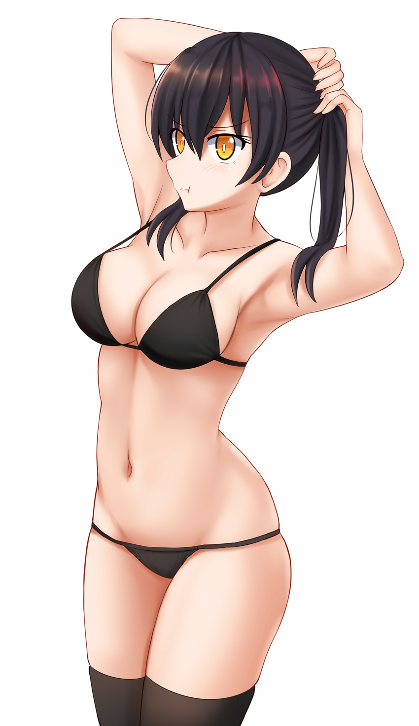 1girl :t armpits arms_up bare_arms bare_shoulders black_bra black_hair black_legwear black_panties blush bra closed_mouth collarbone cowboy_shot enen_no_shoubotai groin highres kazenokaze long_hair navel panties pout simple_background skindentation solo standing tamaki_kotatsu thigh-highs twintails tying_hair underwear underwear_only v-shaped_eyebrows white_background yellow_eyes