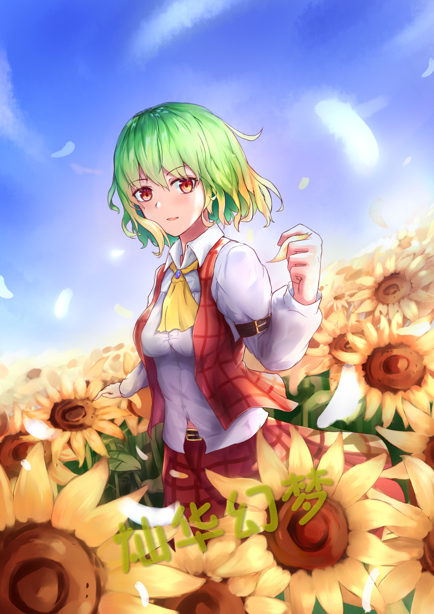1girl absurdres arm_strap ascot bangs belt blonde_hair blue_sky blush breasts brooch chinese_commentary chinese_text clouds commentary_request cowboy_shot day eyebrows_visible_through_hair field flower flower_field green_hair hair_between_eyes highres jewelry kazami_yuuka long_sleeves looking_at_viewer medium_breasts multicolored_hair outdoors parted_lips petals plaid plaid_skirt plaid_vest red_eyes red_skirt red_vest shirt short_hair skirt skirt_set sky smile solo standing sunflower touhou translation_request vest wangdoung white_shirt wing_collar yellow_neckwear