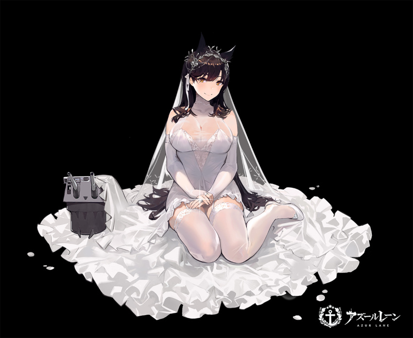 1girl animal_ears atago_(azur_lane) azur_lane bangs black_background black_hair breasts bridal_veil brown_eyes closed_mouth commentary_request copyright_name dress elbow_gloves extra_ears flower gloves hair_ribbon jewelry kishiyo large_breasts logo long_hair mole mole_under_eye petals ribbon ring smile swept_bangs thigh-highs turret veil wedding wedding_band wedding_dress white_dress white_flower white_gloves white_ribbon