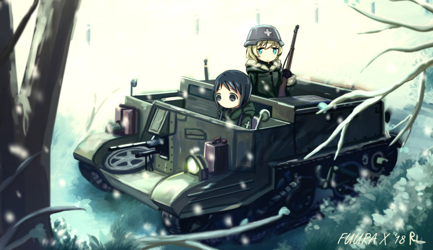 2girls absurdres armored_vehicle black_eyes black_hair blonde_hair blue_eyes chito_(shoujo_shuumatsu_ryokou) fuura ground_vehicle gun helmet highres hood hood_down machine_gun military military_uniform multiple_girls shoujo_shuumatsu_ryokou stahlhelm tree_branch twintails type_38_rifle uniform universal_carrier weapon yuuri_(shoujo_shuumatsu_ryokou)