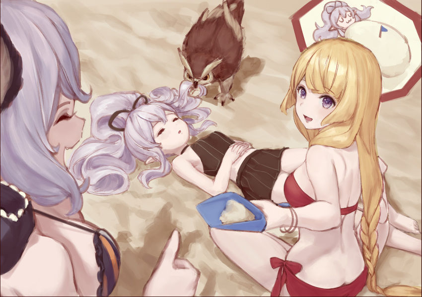 3girls animal_ears anouetto athena_(granblue_fantasy) back bangs bare_shoulders barefoot beach bikini bikini_skirt bird black_ribbon blonde_hair blush braid breasts fang frilled_bikini frills granblue_fantasy hair_between_eyes hair_ribbon hawk highres large_breasts lavender_hair long_hair lying medusa_(shingeki_no_bahamut) midriff multiple_girls on_back open_mouth outdoors pointy_ears ponytail purple_hair red_bikini ribbon sand satyr_(granblue_fantasy) shoulder_blades shovel sitting skirt sleeping smile sparkling_eyes striped striped_bikini swimsuit very_long_hair violet_eyes