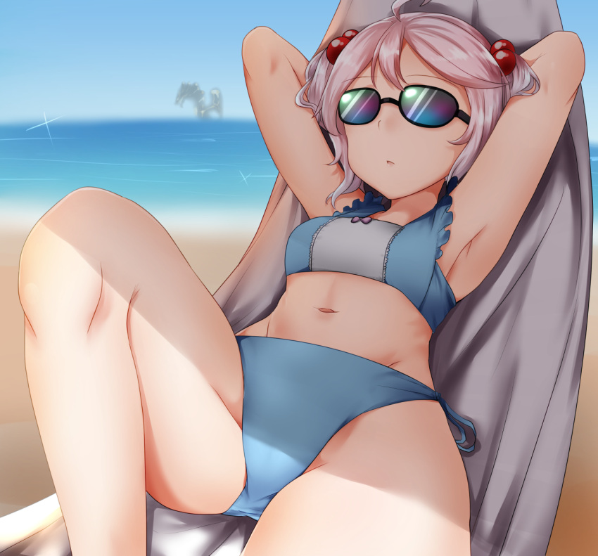 1girl ahoge armpits beach bikini blue_bikini blue_sky commentary_request cowboy_shot frilled_bikini frills groin hair_bobbles hair_ornament hammock highres horizon kantai_collection navel ocean pink_hair rainysnowy108 reclining sazanami_(kantai_collection) short_hair side-tie_bikini sky solo sunglasses swimsuit twintails when_you_see_it