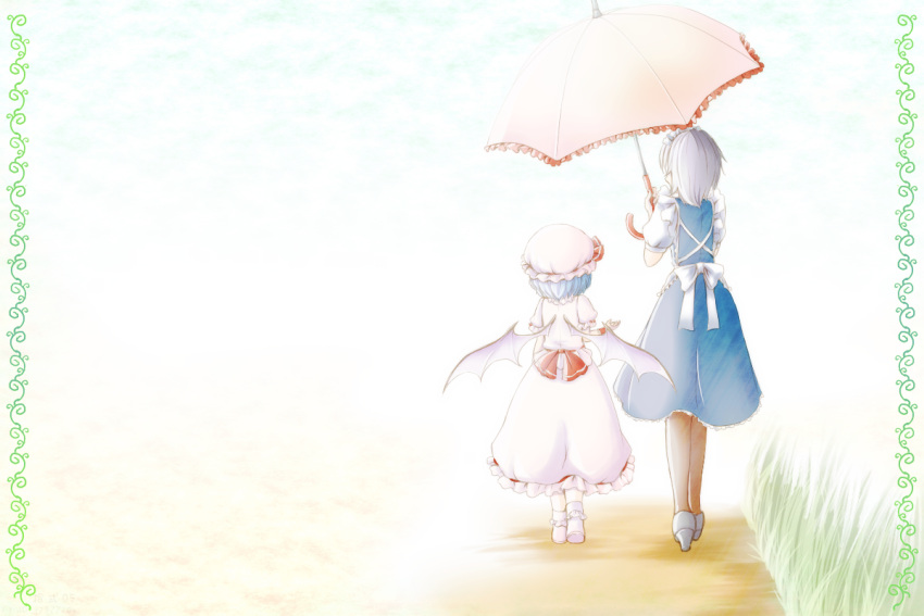 2girls arm_up bat_wings blue_hair blue_skirt blue_sky blue_vest bobby_socks brown_legwear clouds commentary_request day from_behind grass hat height_difference high_heels holding holding_umbrella izayoi_sakuya juuni_05 maid_headdress mob_cap multiple_girls negative_space outdoors pantyhose pink_footwear pink_headwear pink_shirt pink_skirt plant puffy_short_sleeves puffy_sleeves remilia_scarlet road shirt short_hair short_sleeves silver_hair skirt skirt_set sky socks touhou umbrella vest vines walking_away white_footwear white_shirt wings wrist_cuffs