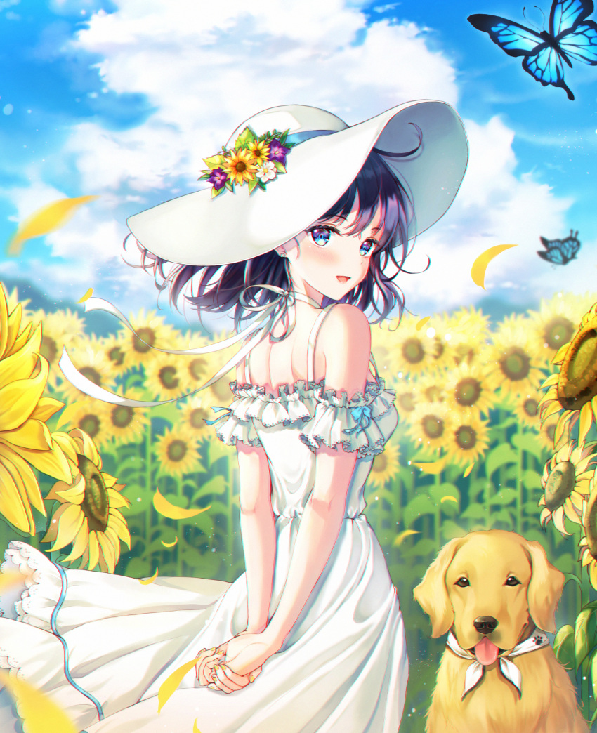 1girl :d animal arms_behind_back bare_shoulders blue_eyes blue_sky blurry blurry_background blush bug butterfly clouds cloudy_sky day depth_of_field dog dress field fingernails flower flower_field foreign_blue hands_together hat hat_flower highres insect long_hair looking_at_viewer looking_back nail_polish open_mouth original outdoors own_hands_together petals purple_flower purple_hair sky smile solo sun_hat sunflower white_dress white_flower white_headwear yellow_nails