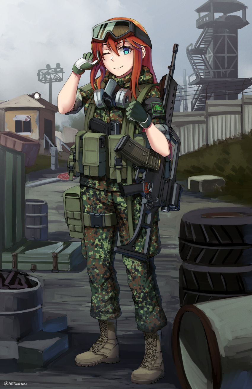 1girl ;) absurdres armband assault_rifle bangs barrel blue_eyes boots brown_footwear building camouflage camouflage_jacket camouflage_pants closed_mouth clouds cloudy_sky commentary cross-laced_footwear english_commentary eyebrows_visible_through_hair eyewear_on_head glock gloves green_gloves green_jacket green_pants gun h&amp;k_g36 hair_between_eyes hand_up handgun highres jacket lace-up_boots long_hair ndtwofives one_eye_closed outdoors overcast pants pistol redhead respirator rifle russian_text safety_glasses short_sleeves sign sky smile solo stairs stalker_(game) standing stop_sign tire tower twitter_username weapon