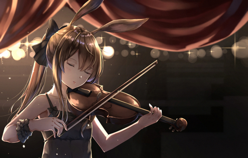 1girl amiya_(arknights) animal_ears arknights bangs black_bow black_dress blush bow brown_hair chahei closed_eyes commentary curtains dress eyebrows_visible_through_hair hair_between_eyes holding holding_instrument instrument long_hair music parted_lips playing_instrument ponytail rabbit_ears sidelocks sleeveless sleeveless_dress solo upper_body violin