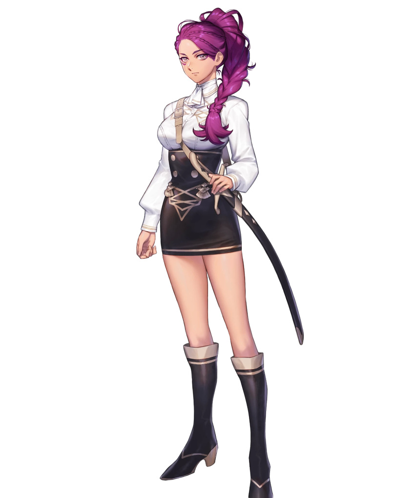 1girl bangs boots braid breasts dark_skin facial_mark fire_emblem fire_emblem:_three_houses fire_emblem_heroes full_body highres knee_boots medium_breasts official_art petra_mcnairy purple_hair shiny shiny_hair side_braid single_braid skirt solo sword tied_hair transparent_background weapon