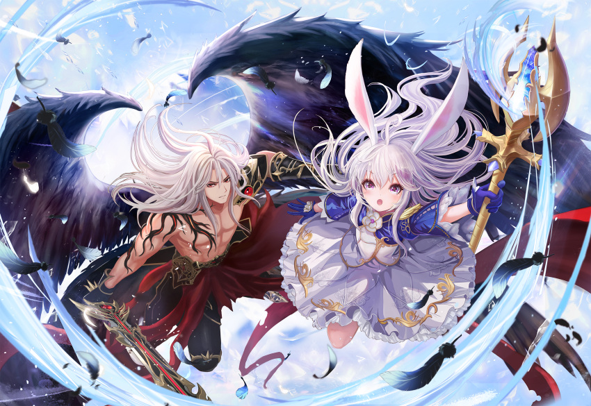 1boy 1girl ahoge animal_ears arm_up black_gloves black_pants black_wings blue_gloves blue_sleeves dress elin_(tera) feathered_wings feathers gloves highres huge_filesize ji-hyun_ro long_hair muscle official_art open_mouth pants pink_eyes rabbit_ears red_eyes silver_hair staff sword tera_online topless wallpaper weapon white_dress wings