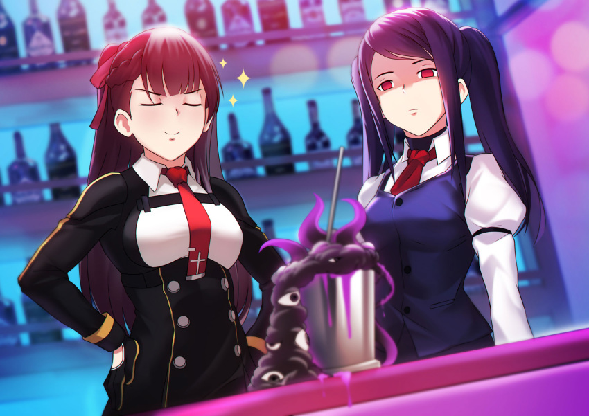 bangs bar bartender black_hair black_skirt blazer blurry blurry_background blurry_foreground blush bottle breasts bushidokuroi closed_eyes collared_shirt cup depth_of_field eyebrows_visible_through_hair facing_viewer framed_breasts girls_frontline gloves hair_ribbon half_updo high-waist_skirt highres hollow_eyes jacket jill_stingray juliet_sleeves large_breasts long_hair long_sleeves necktie one_side_up pencil_skirt puffy_sleeves purple_hair purple_vest red_eyes red_neckwear ribbon shirt sidelocks skirt smug swept_bangs twintails va-11_hall-a very_long_hair vest wa2000_(girls_frontline) white_shirt