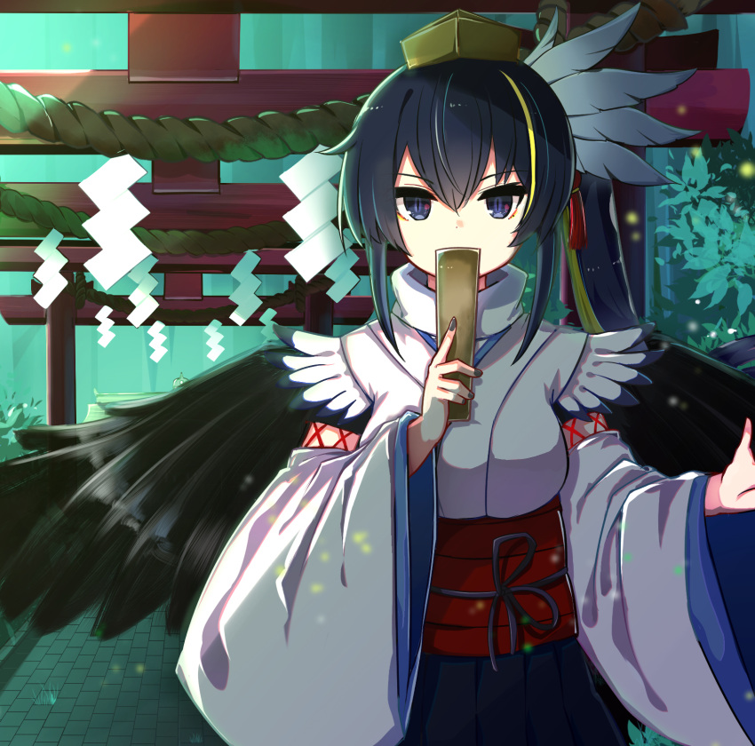 1girl album_cover black_hair black_nails black_skirt black_wings blonde_hair blue_eyes breasts brown_headwear commentary_request cover covered_mouth day feathered_wings fingernails hand_up hat highres holding japanese_clothes kimono koga_rejini long_hair long_sleeves looking_at_viewer medium_breasts multicolored_hair multiple_torii nail_polish obi original outdoors pleated_skirt sash side_ponytail sidelocks skirt slit_pupils solo streaked_hair tengu tokin_hat torii white_kimono wide_sleeves wings