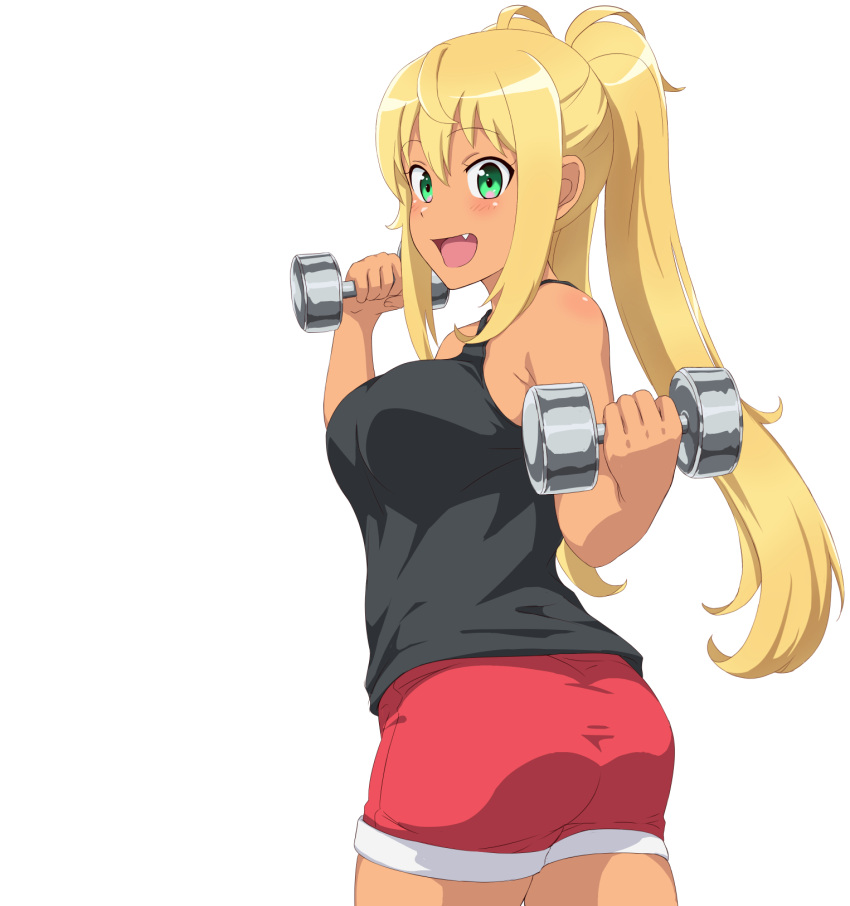 1girl ass bare_shoulders black_tank_top blonde_hair blush breasts cowboy_shot cute danberu_nan_kiro_moteru? dark_skin dogakobo dumbbell fang green_eyes highres honma0220 large_breasts long_hair open_mouth red_shorts sakura_hibiki_(danberu_nan_kiro_moteru?) shogakukan short_shorts shorts simple_background smile solo tan twintails white_background