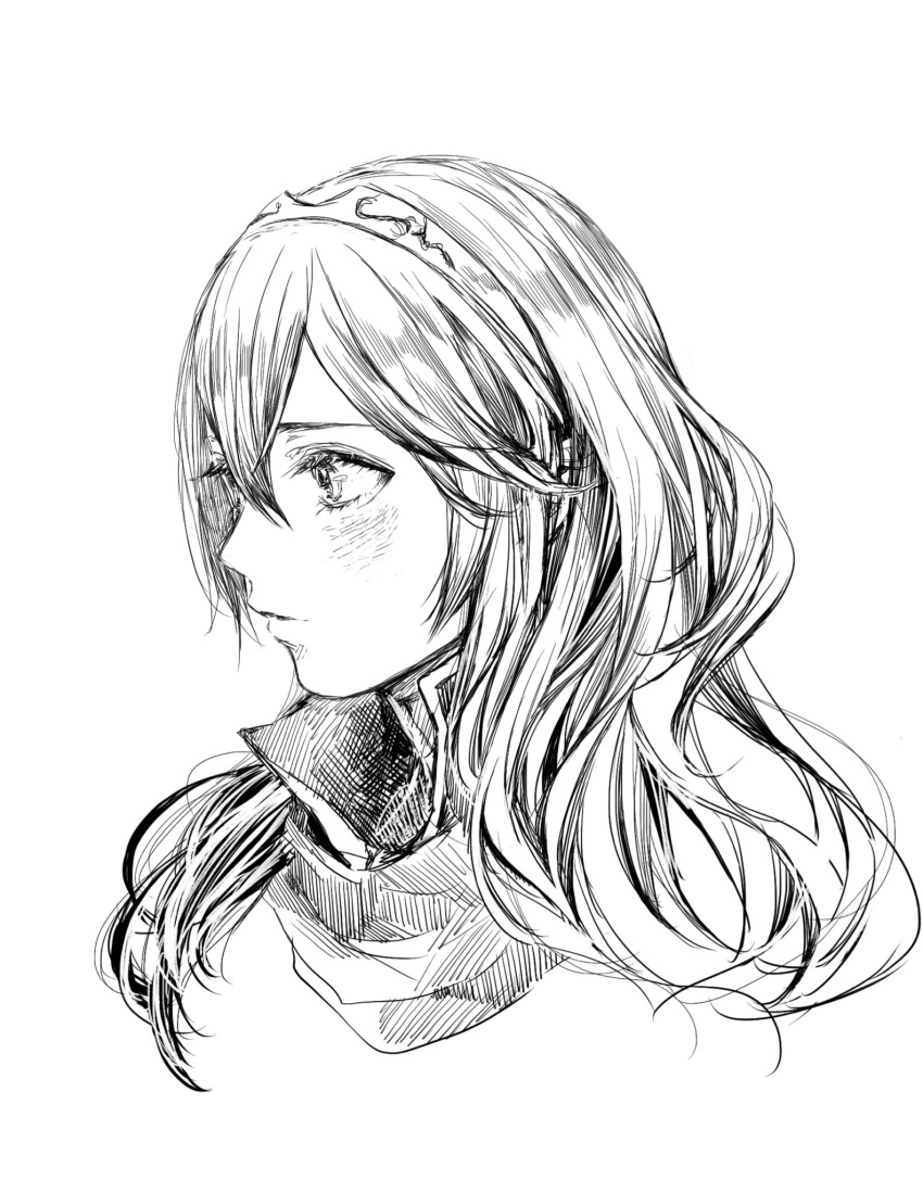 1girl bangs blush commentary_request face fire_emblem fire_emblem:_kakusei fire_emblem_awakening from_side greyscale hair_between_eyes high_collar highres intelligent_systems long_hair lucina lucina_(fire_emblem) monochrome nintendo profile roroichi scarf sketch super_smash_bros. super_smash_bros_brawl super_smash_bros_for_wii_u_and_3ds tiara