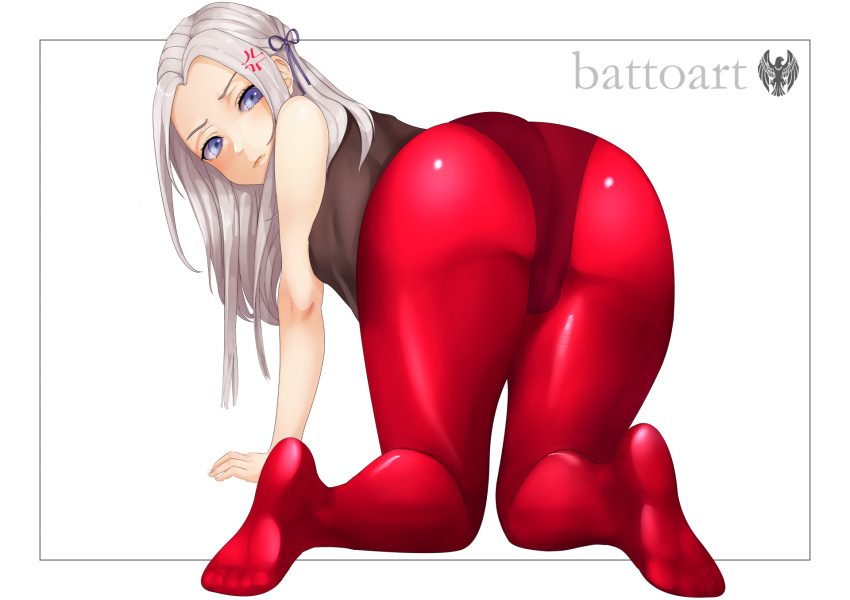 1girl all_fours anger_vein artist_logo artist_name ass bangs battoart blue_eyes edelgard_von_hresvelg fire_emblem fire_emblem:_three_houses frame full_body hair_ribbon highres long_hair looking_at_viewer looking_back pantyhose parted_bangs red_legwear ribbon silver_hair simple_background sleeveless solo white_background