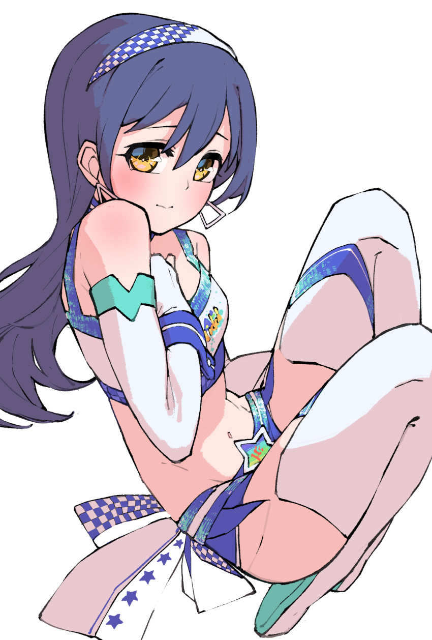 1girl bangs blue_hair blush boots checkered closed_mouth commentary_request earrings floating goe_(g-o-e) hair_between_eyes hairband hand_on_own_chest highres jewelry long_hair looking_at_viewer love_live! love_live!_school_idol_festival love_live!_school_idol_project navel racequeen shorts solo sonoda_umi star thigh-highs thigh_boots white_footwear