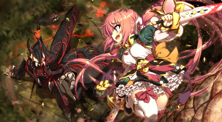 1girl :d back_bow battle black_footwear blue_eyes bow bug dagger diascia_(flower_knight_girl) dress dual_wielding flower_knight_girl frills holding holding_dagger holding_weapon insect long_hair looking_at_another mizunashi_(second_run) monster open_mouth orange_bow pink_hair profile puffy_sleeves reverse_grip shoes smile thigh-highs twintails weapon white_legwear zettai_ryouiki