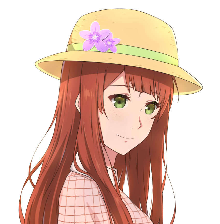 1girl absurdres flower freckles green_eyes hat hat_flower highres long_hair looking_at_viewer luculia_marlborough redhead simple_background solo upper_body violet_evergarden white_background xvii yellow_headwear