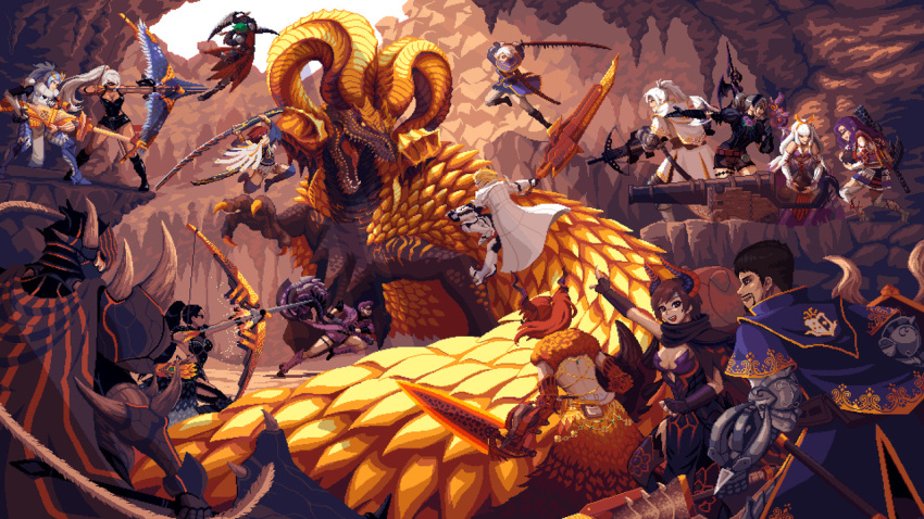 armor battle bow_(weapon) bowgun commentary dark_skin dragon dragon_horns english_commentary horns huge_weapon ioruko kulve_taroth monster monster_hunter monster_hunter:_world multiple_boys multiple_girls pixel_art pointing pointing_forward ponytail scales simple_background size_difference sword weapon