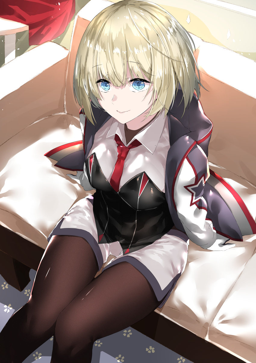 1girl absurdres azur_lane bangs bataan_(azur_lane) black_legwear blonde_hair blue_eyes closed_mouth collared_shirt commentary_request cotton_kanzaki couch eyebrows_visible_through_hair from_above gloves highres indoors jacket legwear_under_shorts long_sleeves looking_at_viewer necktie on_couch pantyhose red_neckwear shirt short_hair shorts sitting smile solo sunlight thigh_gap white_gloves
