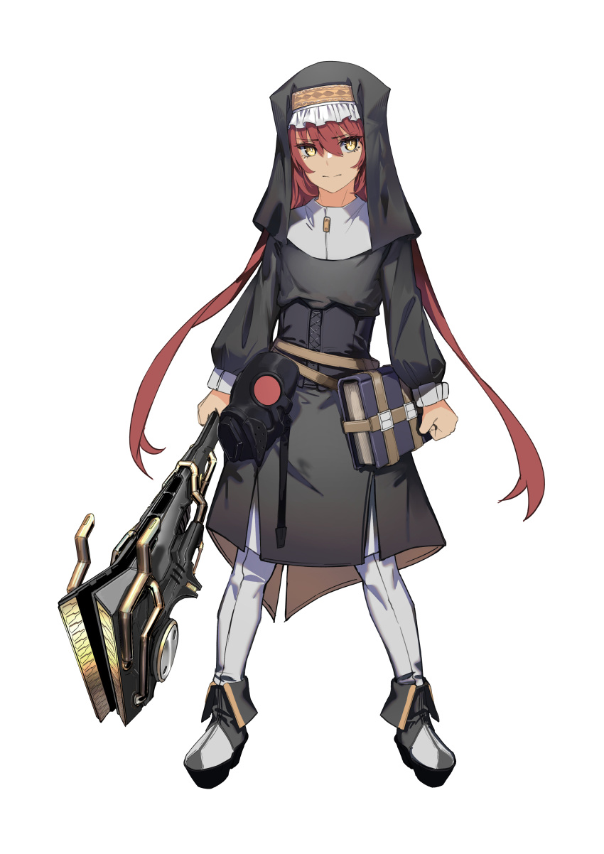 1girl absurdres bangs black_dress boots brown_eyes brown_hair closed_mouth copyright_request dress eyebrows_visible_through_hair fixro2n full_body habit hair_between_eyes highres holding holding_weapon long_hair nun official_art pants simple_background solo standing veil very_long_hair weapon weapon_request white_background white_footwear white_pants