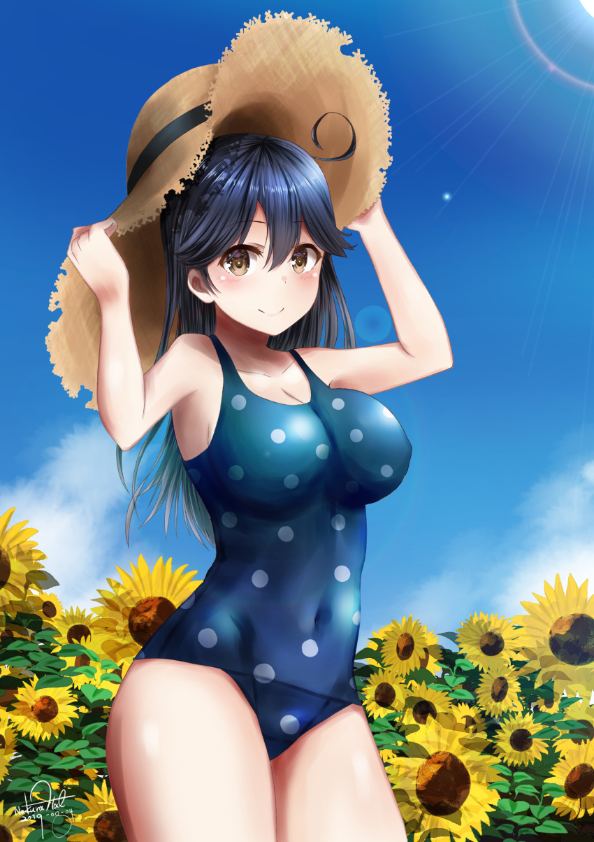 1girl absurdres blue_sky blue_swimsuit blush breasts closed_mouth clouds covered_navel flower gradient_sky hair_between_eyes hat highres kantai_collection large_breasts long_hair looking_at_viewer nakura_haru polka_dot polka_dot_swimsuit remodel_(kantai_collection) rural school_swimsuit sky solo straw_hat summer sun sunflower sunlight swimsuit ushio_(kantai_collection)