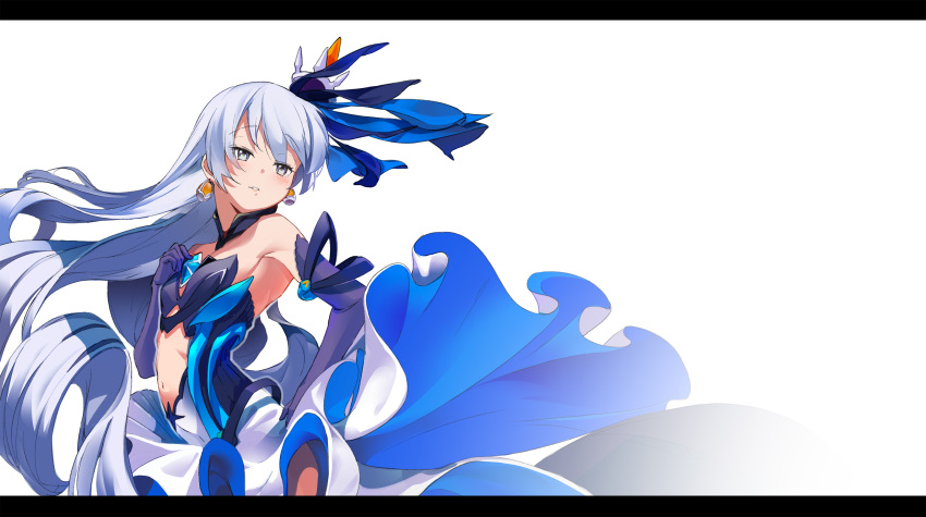 1girl bangs black_gloves breasts bronya_zaychik bronya_zaychik_(cyberangel) bug butterfly center_opening crossed_bangs dress drill_hair earrings elbow_gloves floating_hair gloves hair_ornament hand_on_hip highres honkai_(series) honkai_impact_3rd insect jewelry layered_dress letterboxed long_hair looking_at_viewer navel parted_lips quad_drills silver_hair simple_background small_breasts solo suppa_(hagakuresuppa) white_background