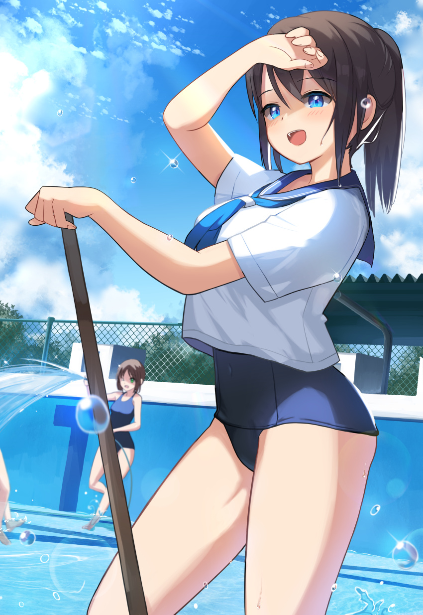 &gt;_o 2girls :d ;d absurdres arm_up bangs bare_arms bare_legs bare_shoulders barefoot blue_eyes blue_neckwear blue_sailor_collar blue_sky blue_swimsuit breasts brown_hair chain-link_fence clouds commentary_request covered_navel day eyebrows_visible_through_hair fence fingernails green_eyes hair_between_eyes highres holding holding_hose hose instant_(ioarthus) long_hair multiple_girls neckerchief old_school_swimsuit one_eye_closed open_mouth original outdoors ponytail sailor_collar school_swimsuit school_uniform serafuku shallow_water shirt short_sleeves sky small_breasts smile standing standing_on_one_leg swimsuit swimsuit_under_clothes water water_drop white_shirt