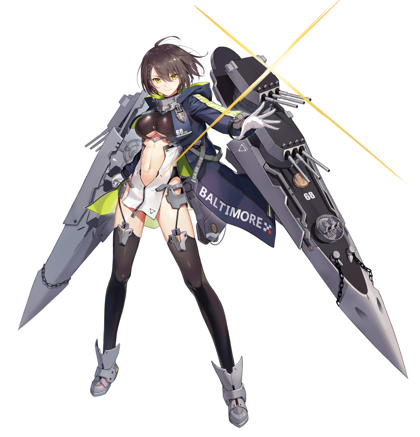 1girl ahoge azur_lane baltimore_(azur_lane) black_coat black_legwear braid breasts brown_hair center_opening chain character_name closed_mouth coat feng_ze glint gloves highres hood hood_down jpeg_artifacts large_breasts long_sleeves looking_at_viewer machinery navel official_art open_clothes open_coat revealing_clothes shoes short_hair smile solo stomach thigh-highs thighs turret white_gloves yellow_eyes