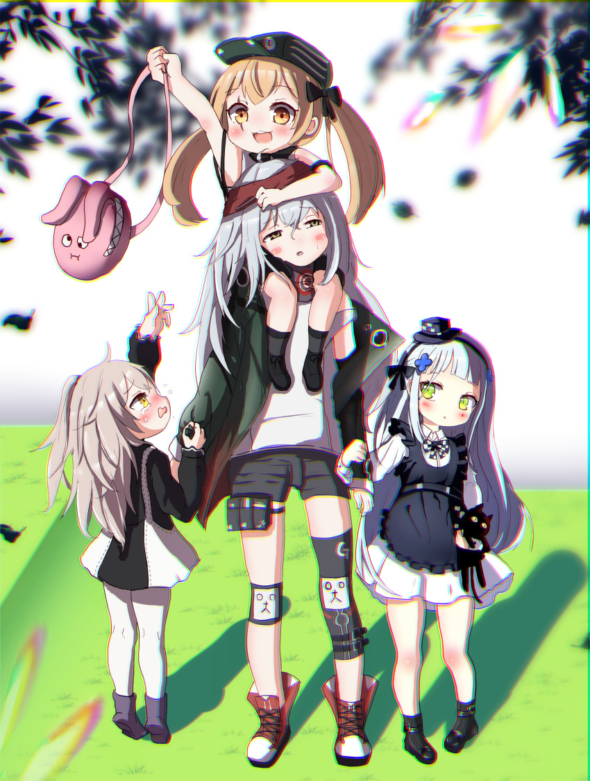 404_(girls_frontline) 4girls :3 :d :o absurdres animal animal_bag apron arm_up bag bare_arms bare_shoulders black_apron black_bow black_cat black_dress black_footwear black_hairband blush boots bow brown_hair carrying cat chromatic_aberration commentary_request crying crying_with_eyes_open dress facial_mark flat_cap frilled_apron frills g11_(girls_frontline) girls_frontline green_eyes green_headwear green_jacket grey_legwear grey_shorts hair_bow hair_ornament hairband half-closed_eyes hat head_tilt highres hk416_(girls_frontline) holding holding_bag jacket light_brown_hair locked_arms long_hair long_sleeves mini_hat multiple_girls object_hug one_side_up open_clothes open_jacket open_mouth parted_lips pleated_skirt purple_headwear red_footwear ribbed_legwear scar scar_across_eye shiro_hakuchou shirt shoes short_shorts shorts shoulder_carry silver_hair skirt smile standing sweat tears tilted_headwear tiptoes twintails ump45_(girls_frontline) ump9_(girls_frontline) upper_teeth very_long_hair wavy_mouth white_shirt white_skirt yellow_eyes