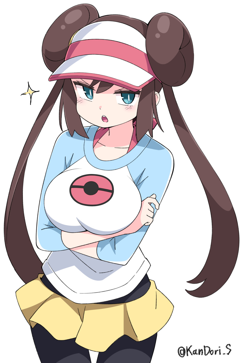 1girl absurdres black_legwear blue_eyes blush breast_hold breasts brown_hair crossed_arms double_bun half-closed_eyes hat highres kandori large_breasts looking_at_viewer open_mouth pokemon pokemon_(game) pokemon_bw2 short_shorts shorts simple_background solo twintails white_background