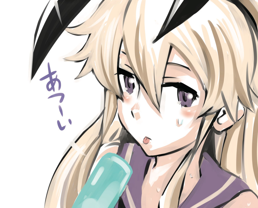 1girl animal_ears blonde_hair commentary_request fake_animal_ears food grey_eyes hair_between_eyes hairband highres inoue_kousei kantai_collection long_hair looking_at_viewer popsicle rabbit_ears shimakaze_(kantai_collection) sidelocks solo sweat tongue tongue_out translated upper_body